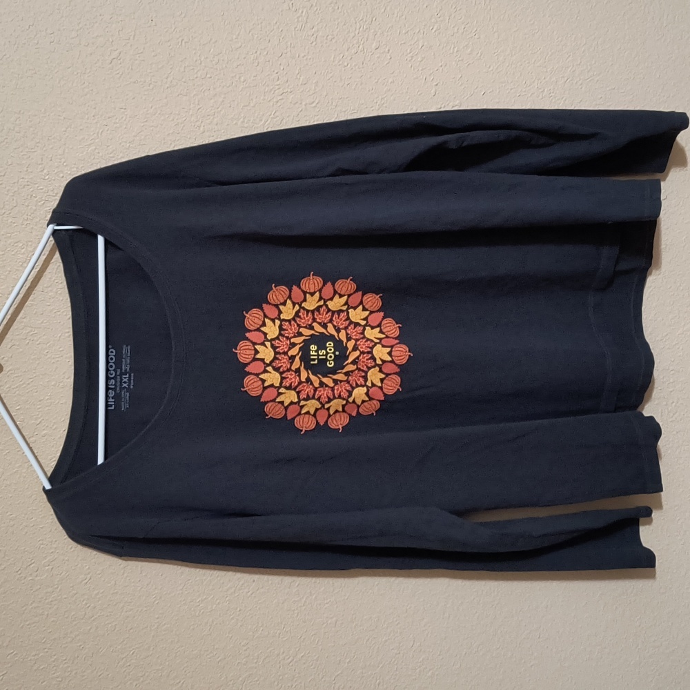 Life Is Good Black Long Sleeve Tee with Orange and Yellow Pumpkin Mandala